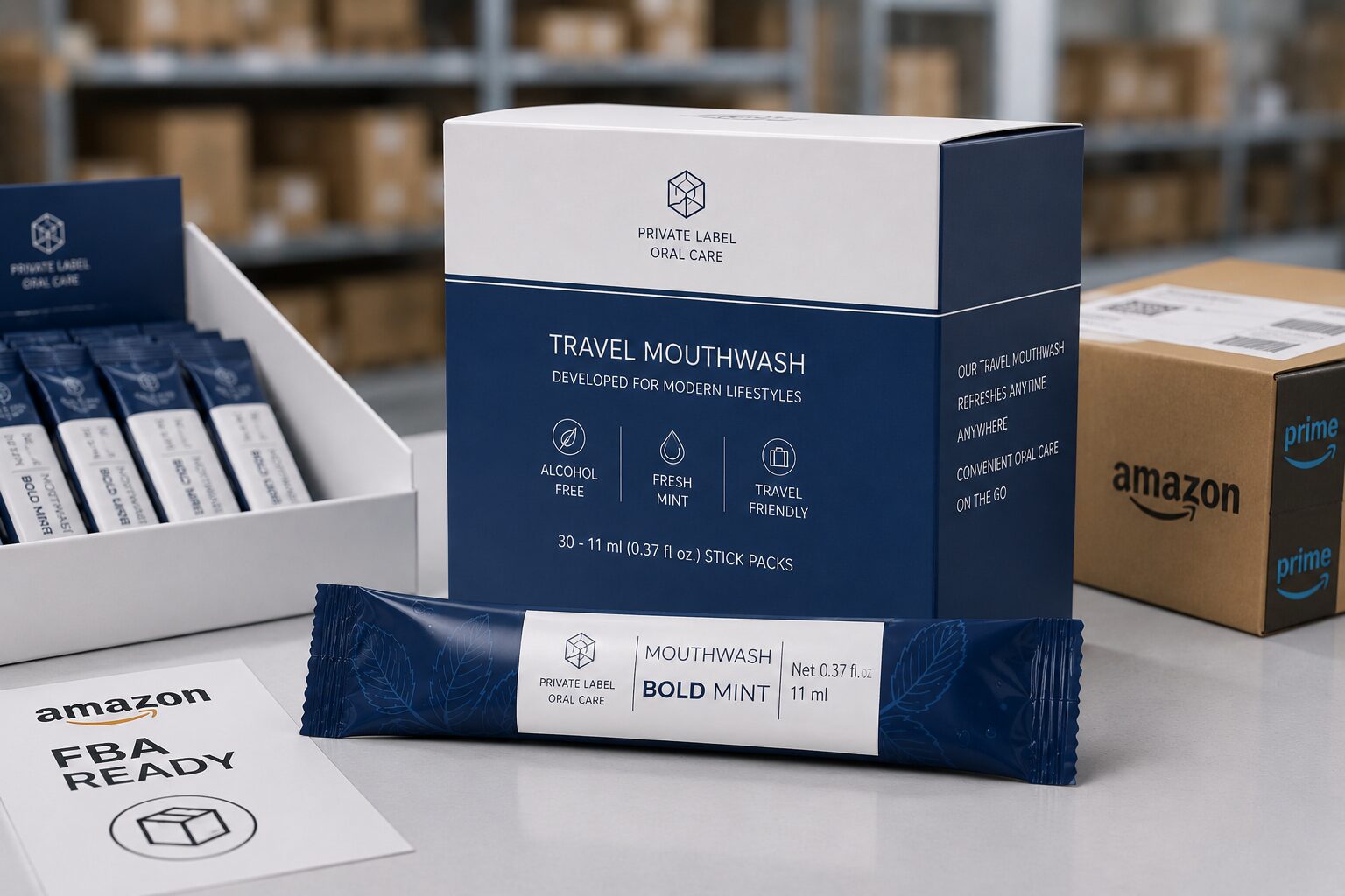 Travel mouthwash retail carton packaging for private label oral care brand