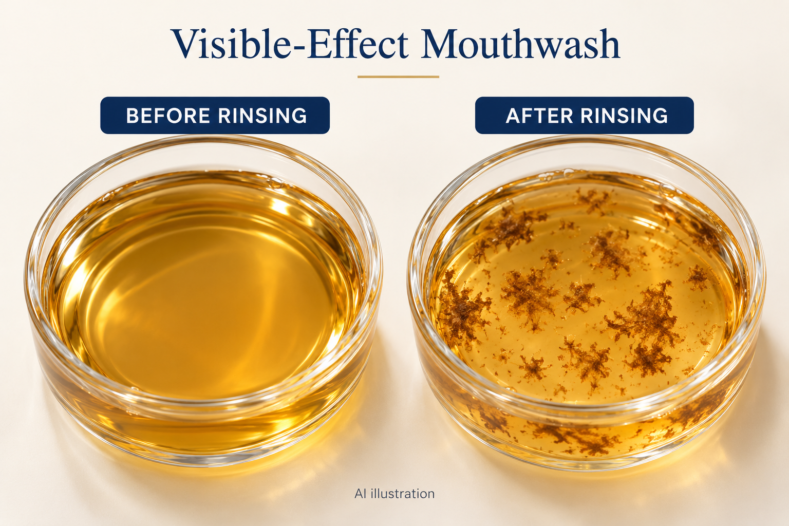 AI illustration of caramel-amber mouthwash before rinsing and dark-brown flocculent aggregates after rinsing; not an actual test photograph