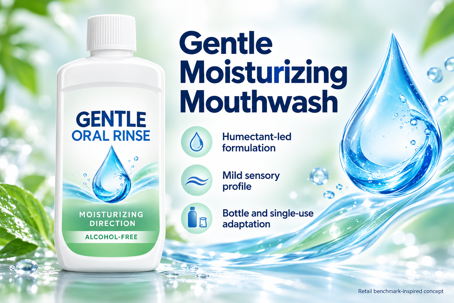 Illustrative development concept for a mild alcohol-free moisturizing mouthwash; not a finished customer product