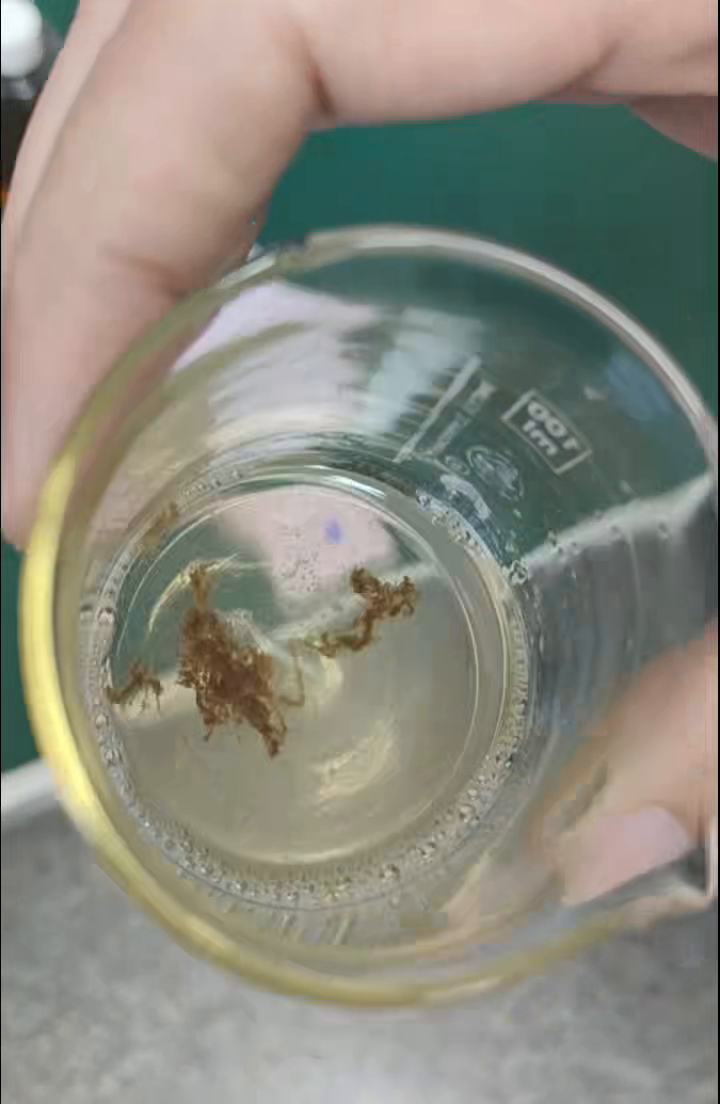 Actual factory video frame at 53 seconds showing dark-brown post-rinse flocculent aggregates from above