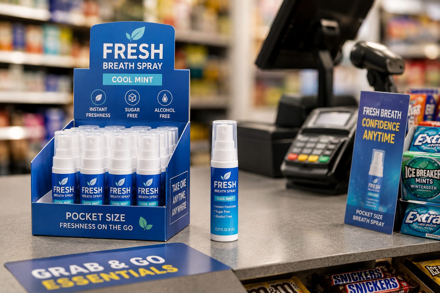 Pocket-size breath spray display designed to maximize checkout-counter visibility and impulse purchase opportunities