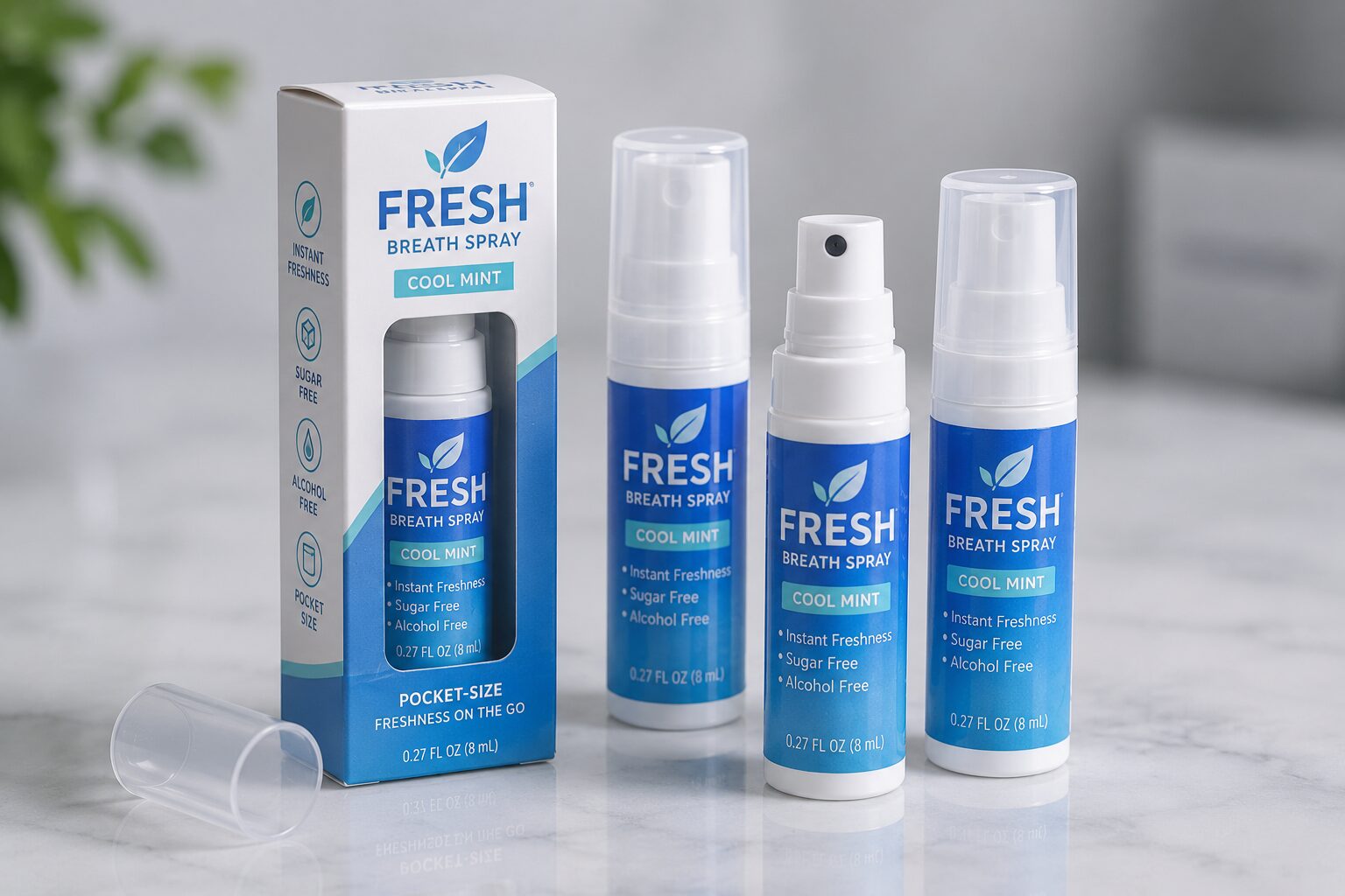 Compact breath spray packaging developed for convenience store retail channels and impulse purchase displays
