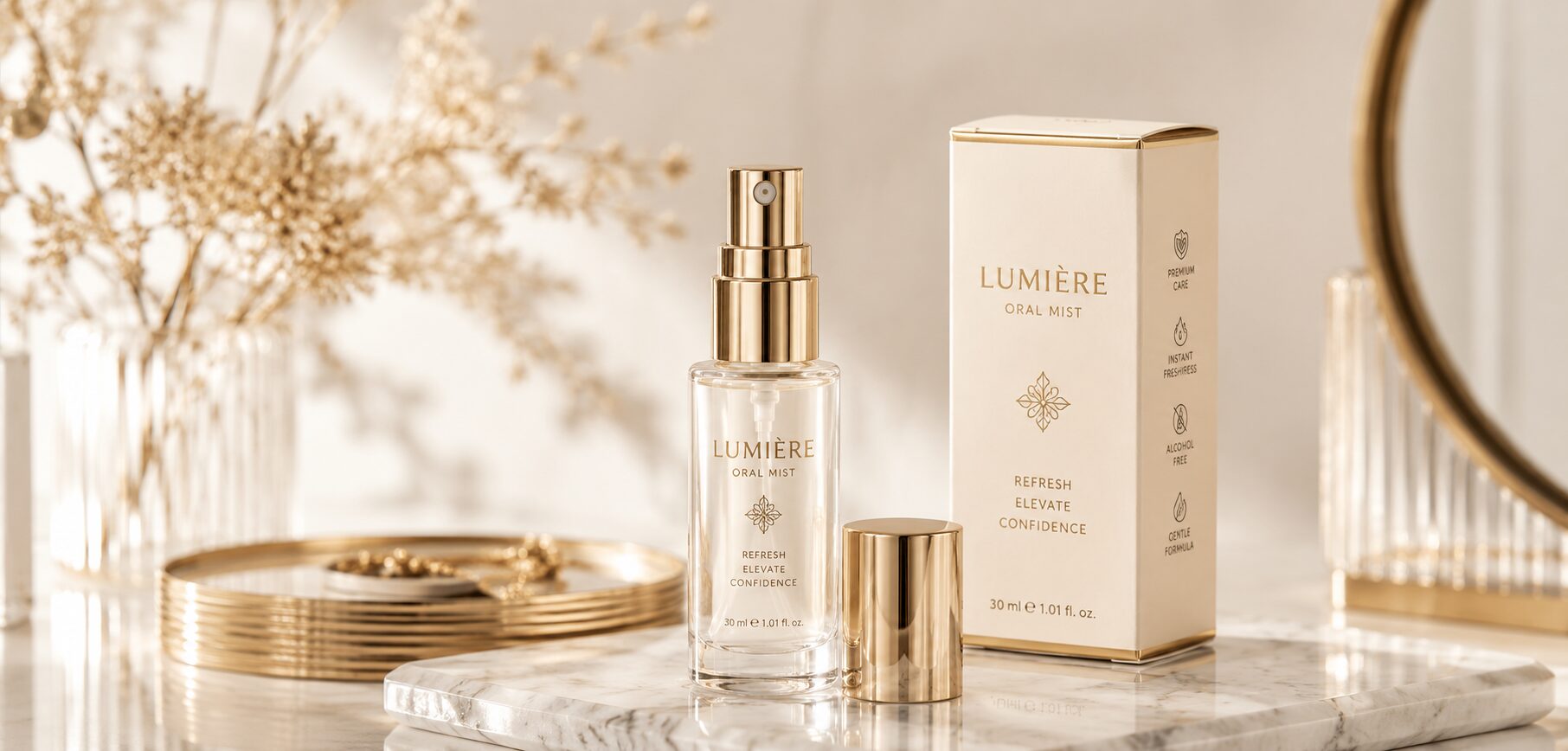 Luxury oral mist packaging developed for premium lifestyle positioning and high-end beauty branding