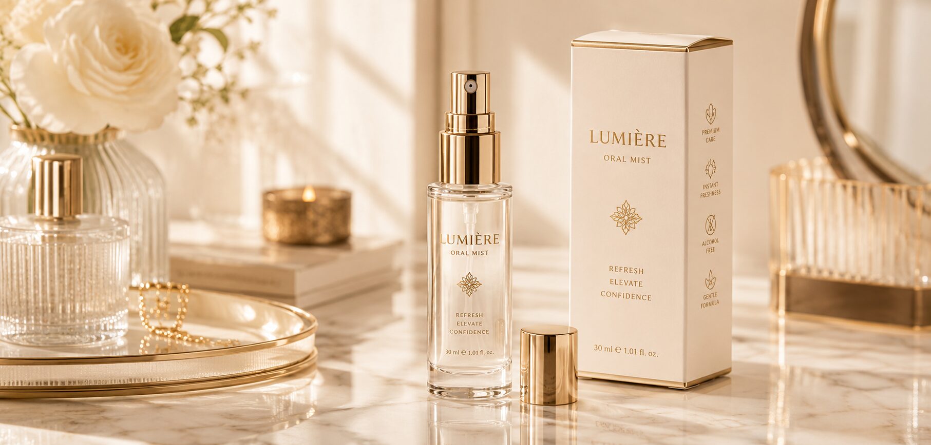 Luxury oral mist developed for a UAE premium lifestyle brand featuring elegant fragrance-inspired packaging and beauty-focused positioning