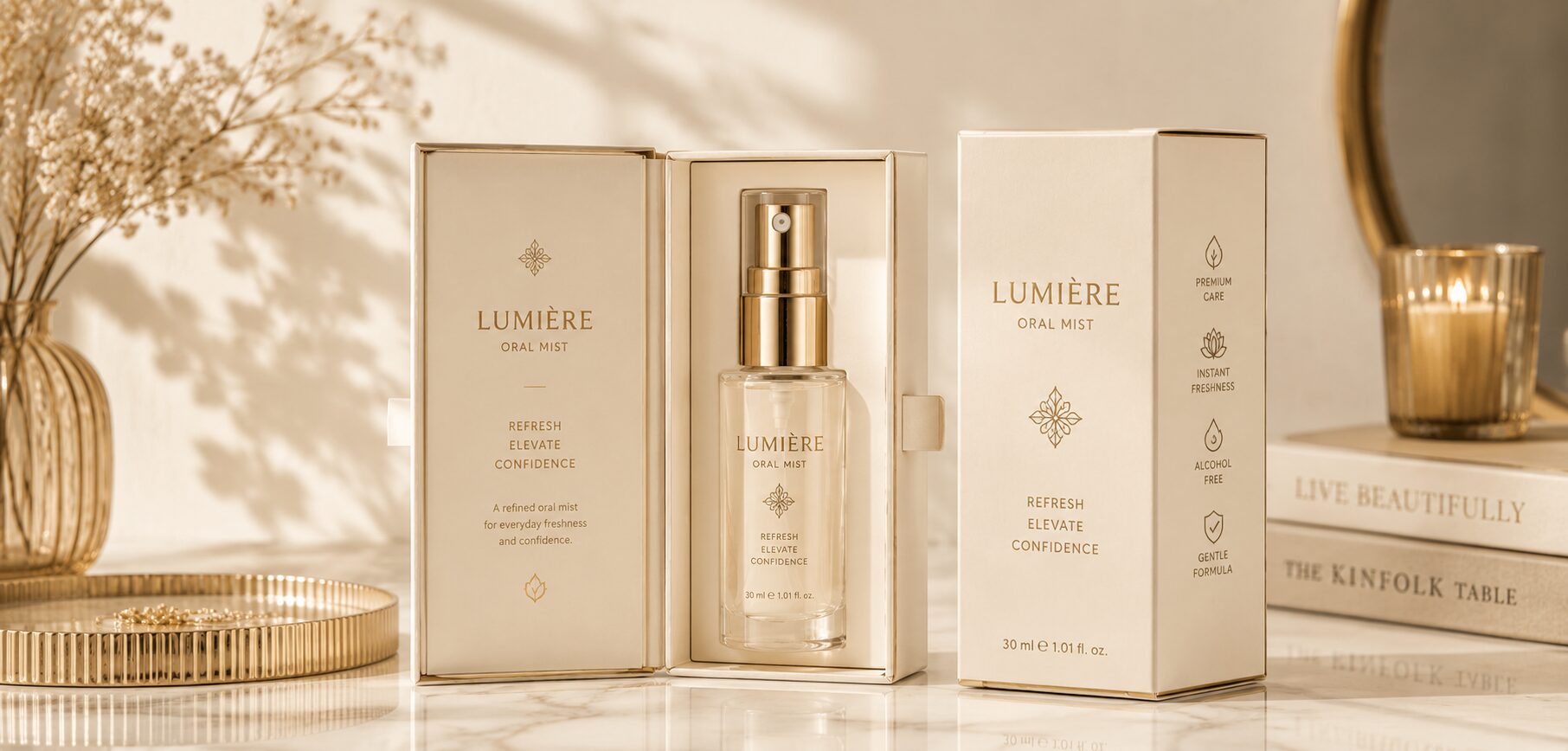 Retail-ready oral mist packaging concept developed for beauty, wellness, and premium lifestyle retail channels