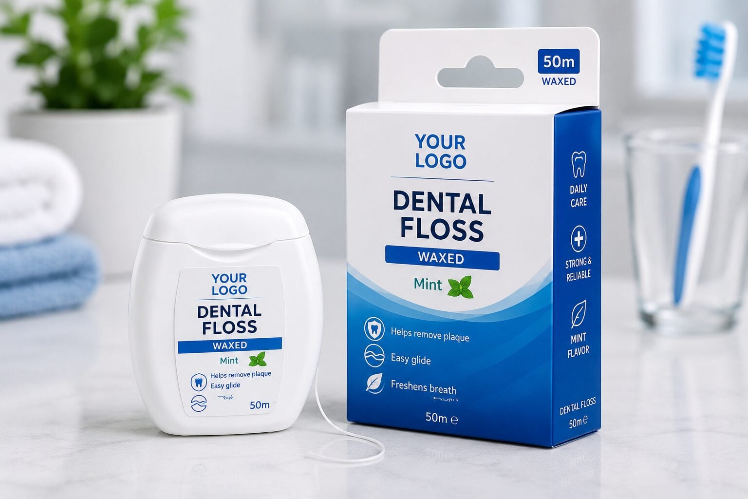 Private label dental floss dispenser and retail carton packaging designed for pharmacy and supermarket distribution
