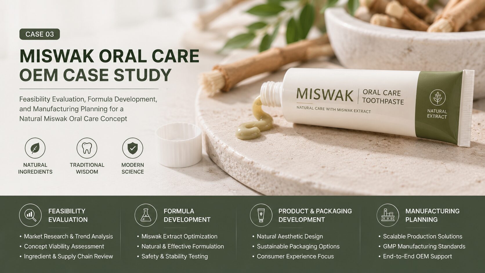 Miswak oral care OEM development project featuring natural miswak extract evaluation, formulation development, and manufacturing planning