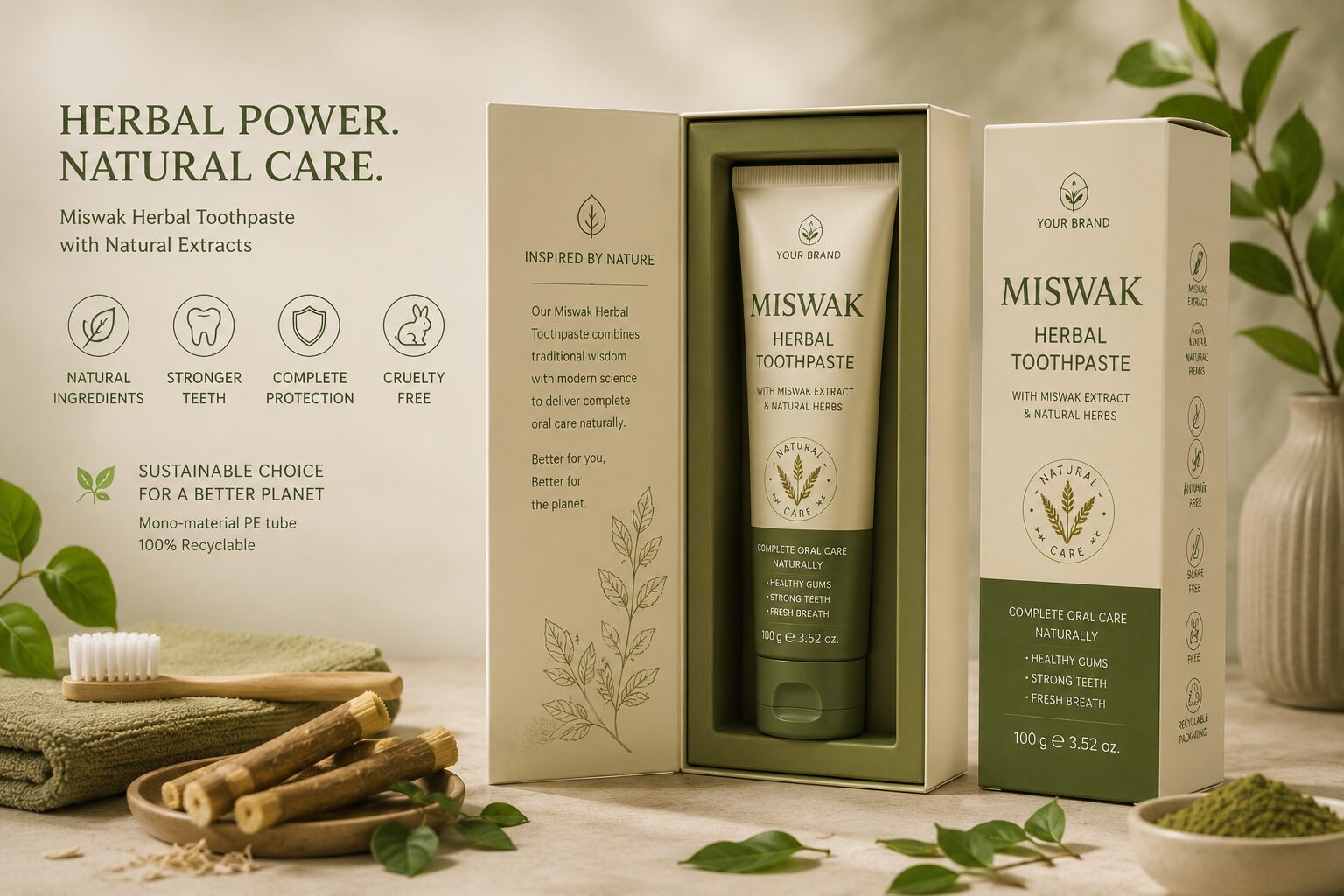 Miswak herbal oral care packaging concept with sustainable retail presentation