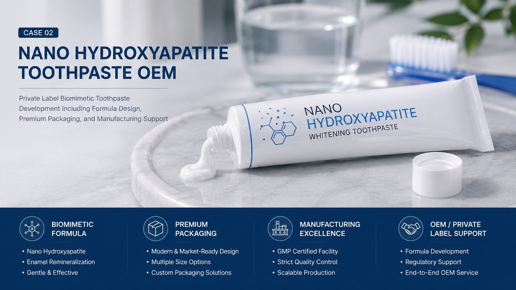 Nano hydroxyapatite toothpaste OEM development project featuring biomimetic formula, premium packaging, and private label manufacturing support