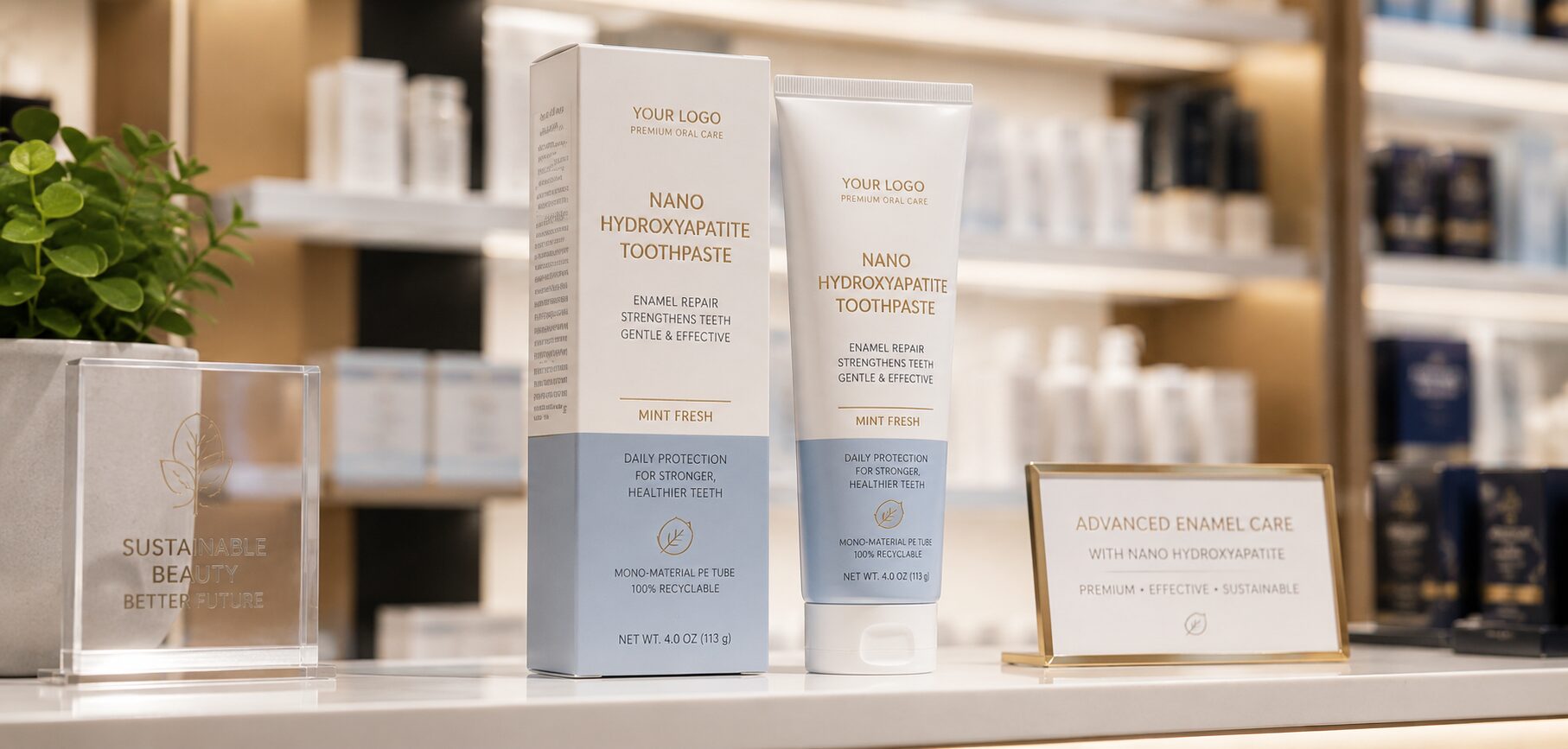Premium nano hydroxyapatite toothpaste carton packaging for European retail brand