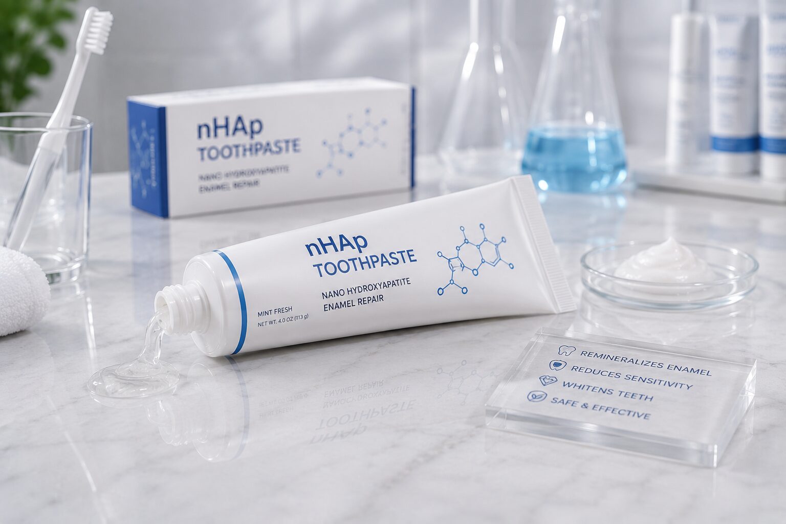 Premium nano hydroxyapatite toothpaste carton packaging for European retail brand