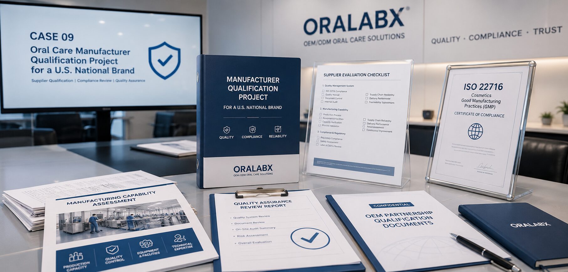 Oral care manufacturer qualification project for a U.S. national brand featuring supplier evaluation documents, compliance review materials, and ISO 22716 manufacturing assessment