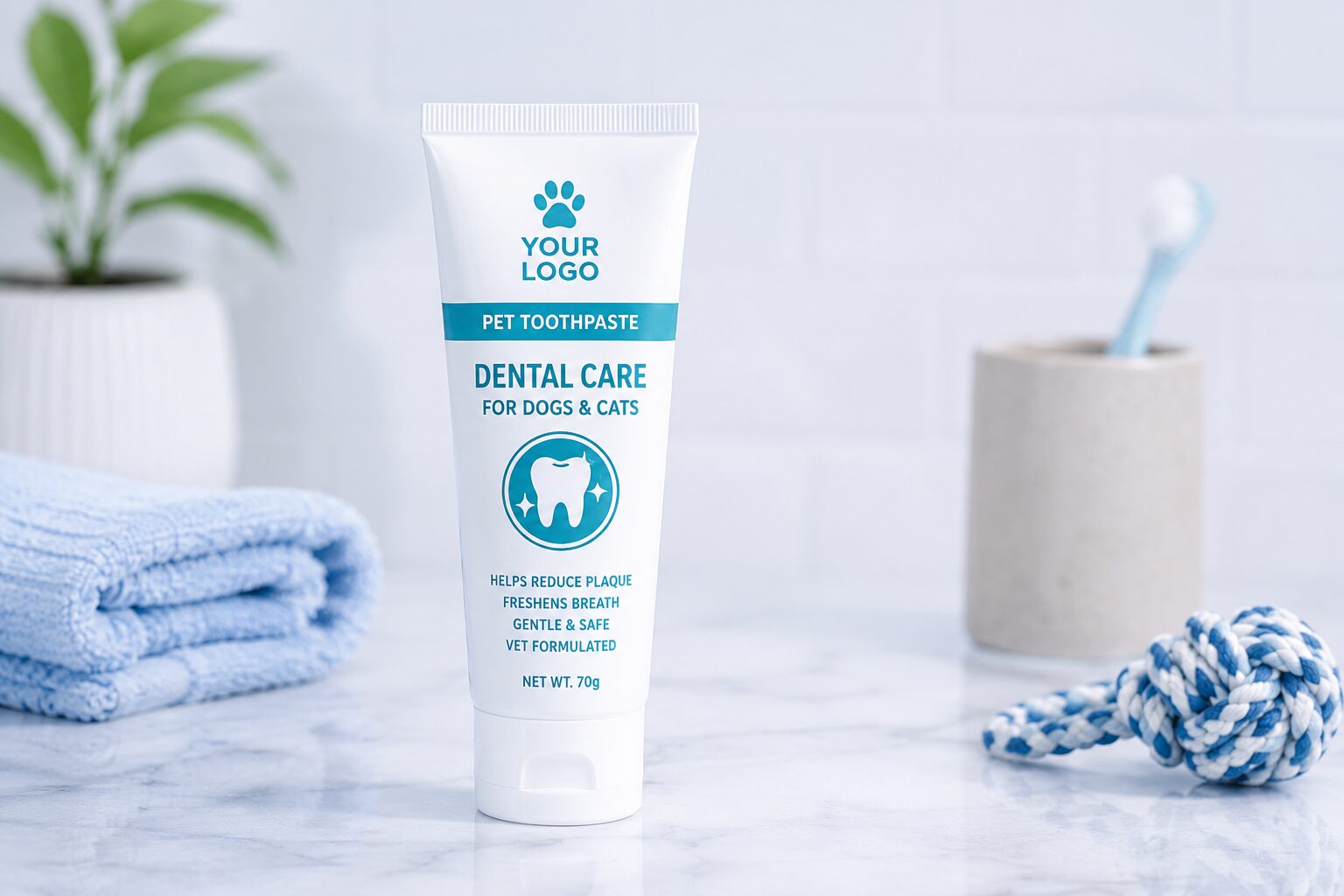 Retail-ready private label pet toothpaste packaging for dogs and cats developed for U.K. supermarket distribution