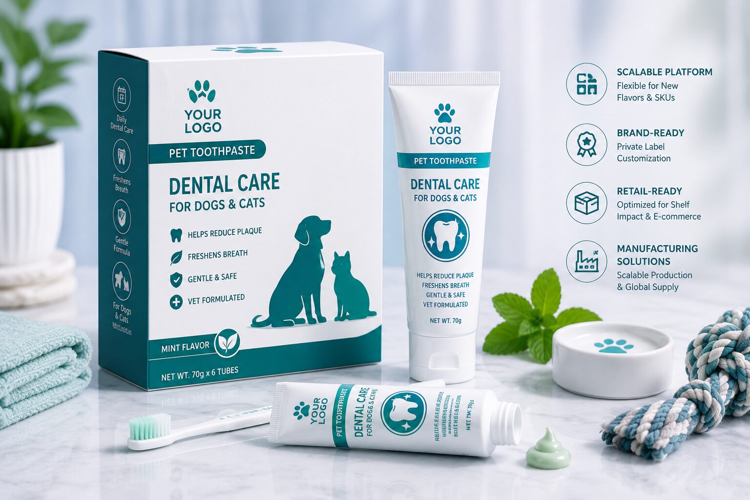 Private label pet toothpaste and finger brush kit packaging developed for pet oral care OEM projects