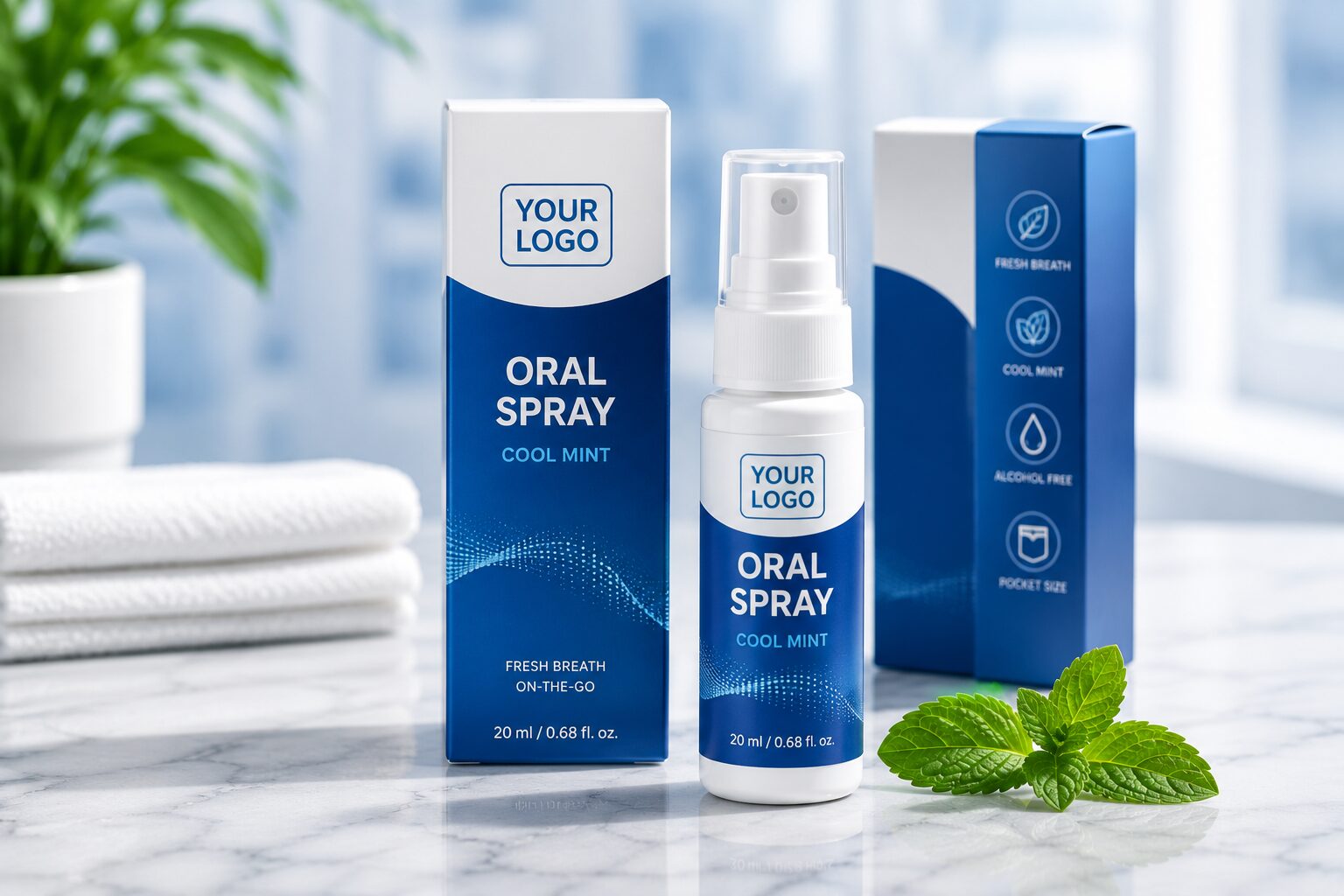 Retail mouth spray carton packaging for private label oral spray brand, scalable OEM packaging platform