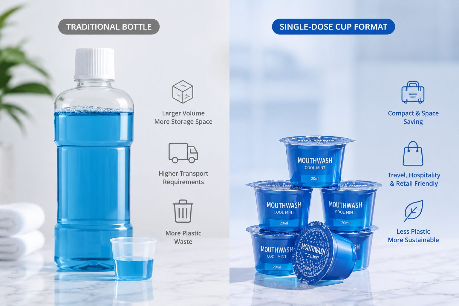 Traditional mouthwash bottle packaging compared with single-dose mouthwash cup format for OEM product development