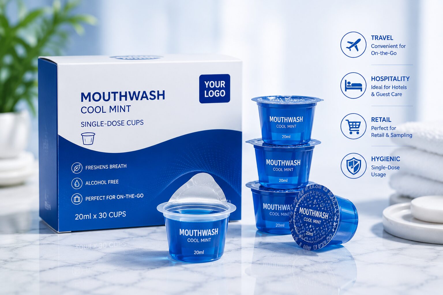 Single-dose mouthwash cup retail packaging for travel hospitality and private label oral care distribution