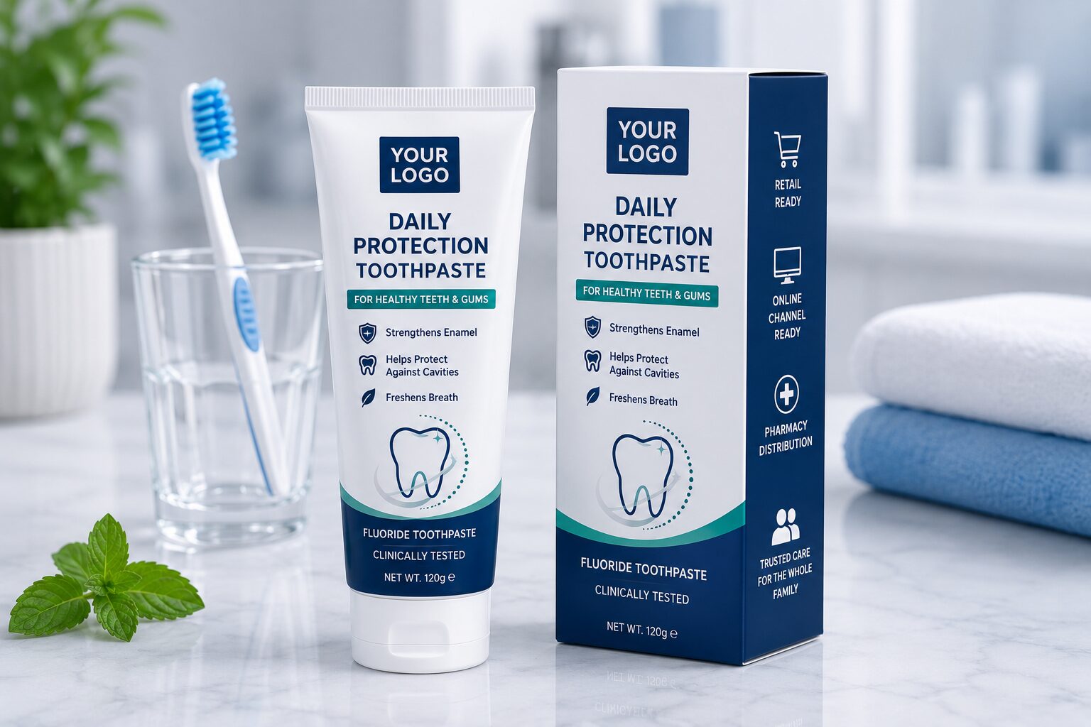 Retail-ready toothpaste packaging developed for online sales and pharmacy distribution channels