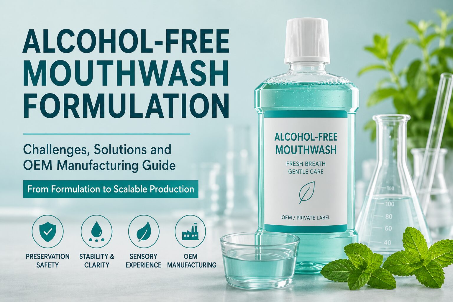 Alcohol-free mouthwash formulation guide showing OEM manufacturing, stability testing, and production process