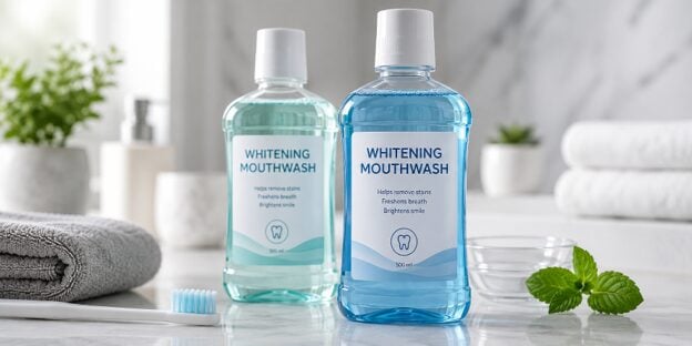 Private label whitening mouthwash bottles during OEM manufacturing and filling