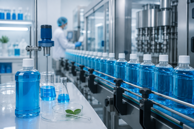 Commercial mouthwash manufacturing process on an OEM production line