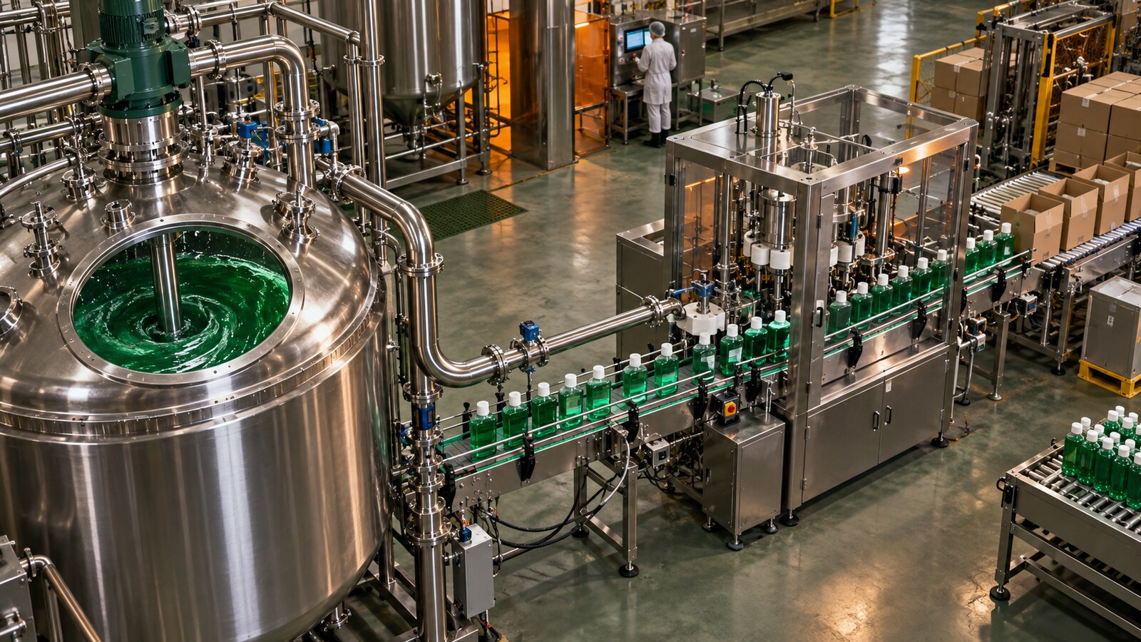 Commercial mouthwash production moving from stainless-steel mixing to filling and packing