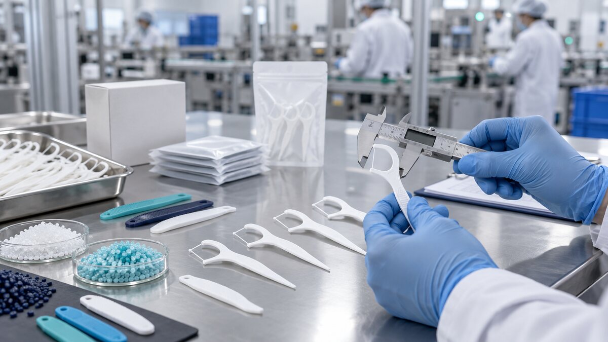 Dental floss pick materials, handle dimensions and packaging reviewed during manufacturing