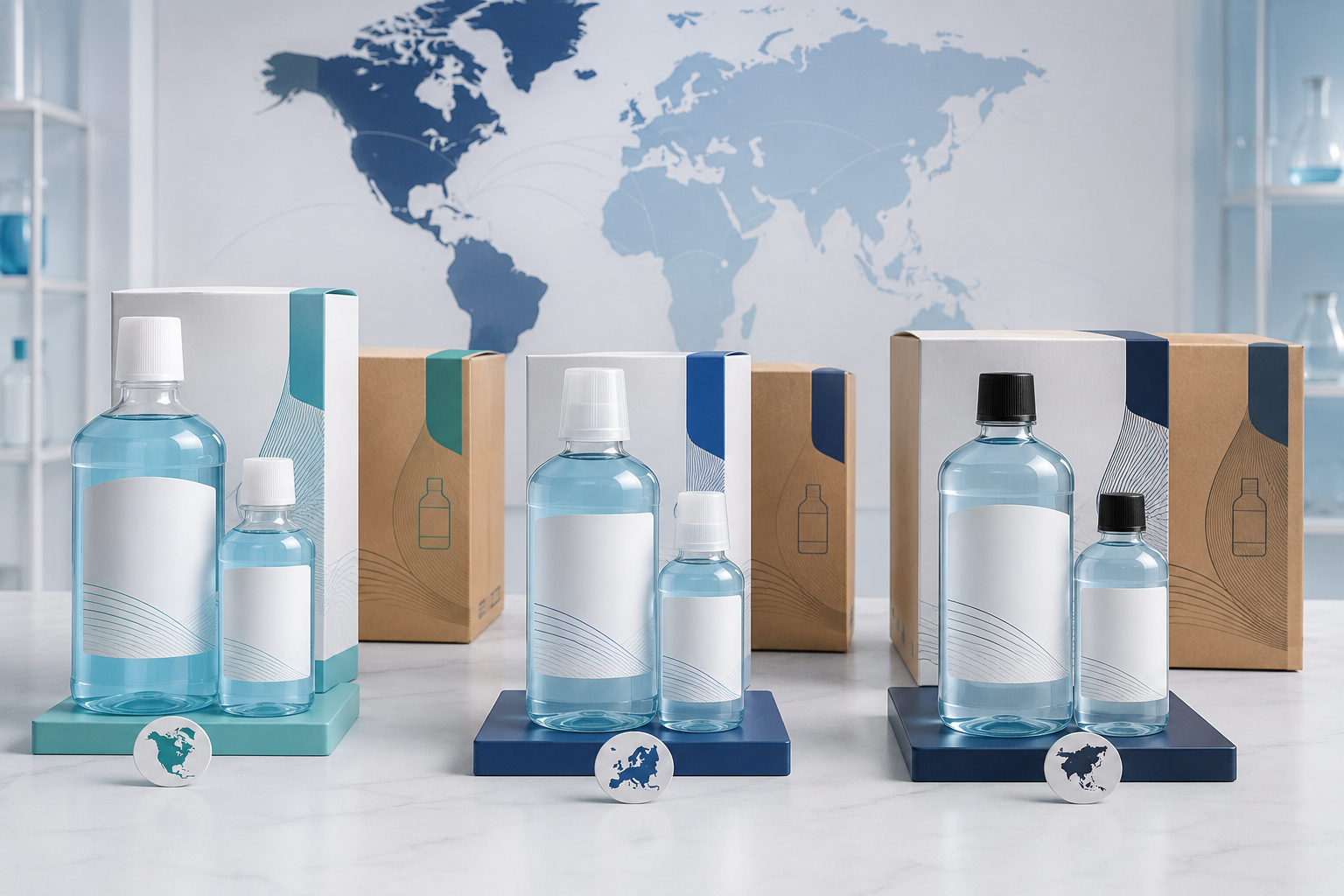 Multi-market mouthwash packaging configurations for repeat commercial supply