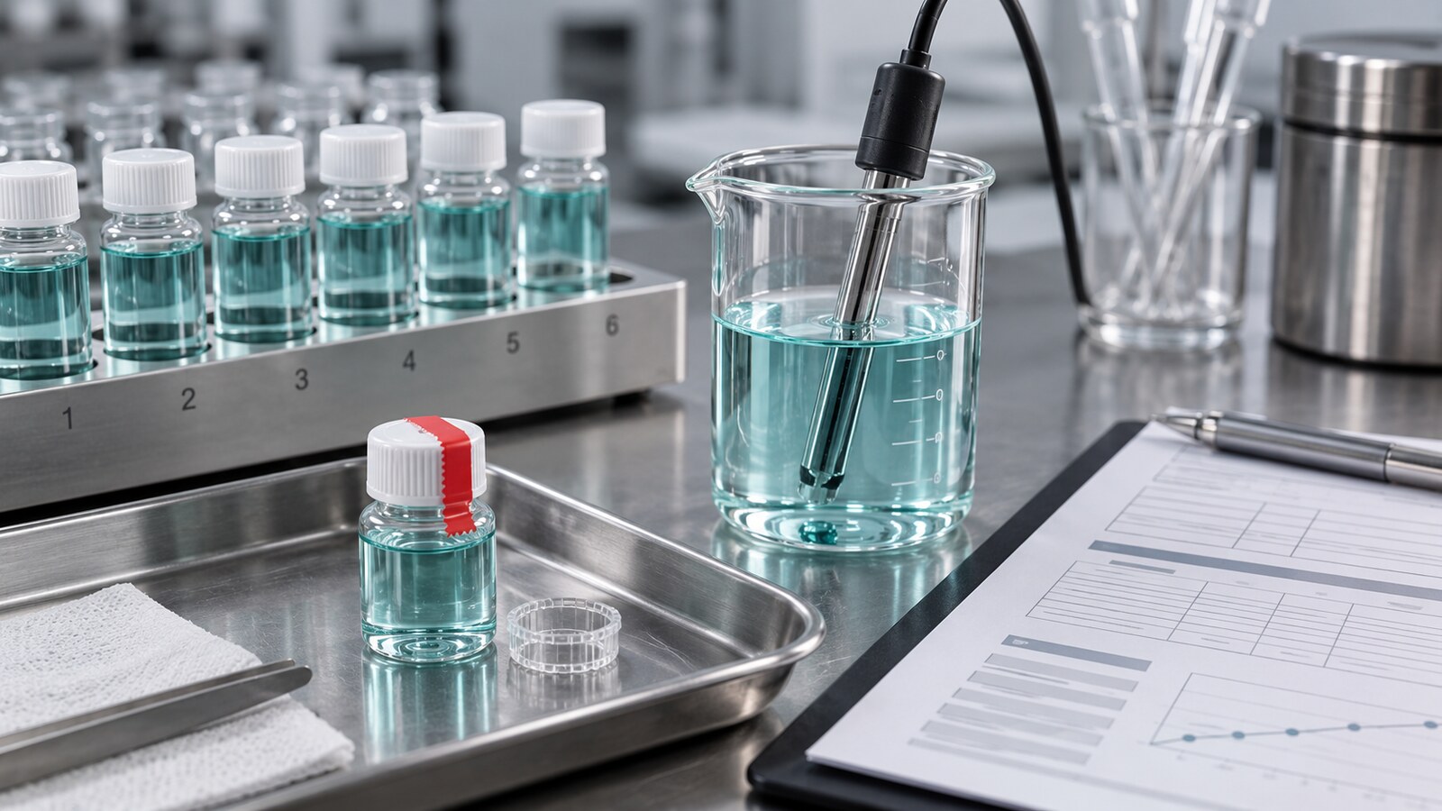 Mouthwash quality-control review with retain samples, pH testing and batch-release records
