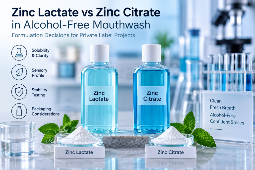 Zinc lactate vs zinc citrate in alcohol-free mouthwash formulation